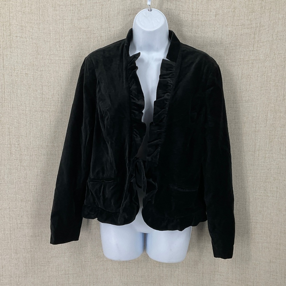 Harold's Blazer Women 10 Black Velvet Ruffle Trim Tie Front Victorian Romantic